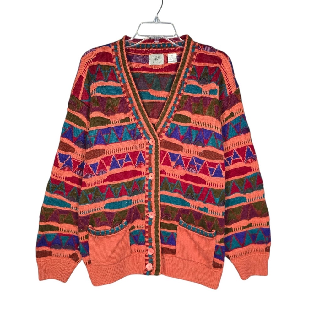 Vintage Cardigan Sweater Men's Large‎ 3D Chunky Knit Coogi-Styled Ivy Button Up